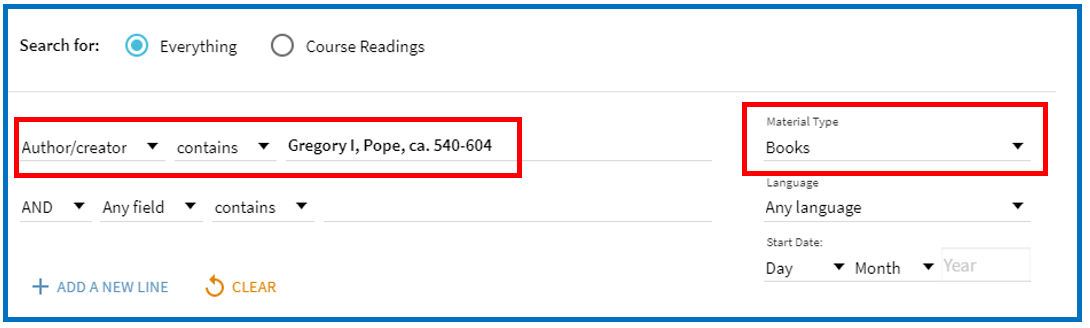 Screenshot of Library Search Advanced Search by Author/creator, limited to books as Material Type; search terms "Gregory I, Pope, ca. 540-604