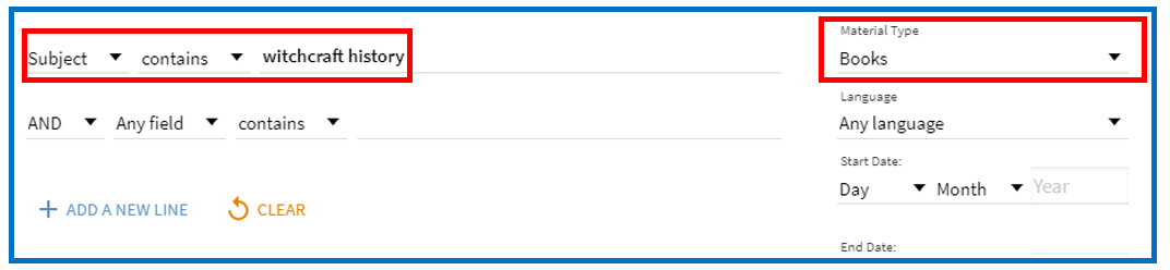 Screenshot oif Library Search Advanced Search by subject, limited to books as Material Type; search terms "witchcraft history".