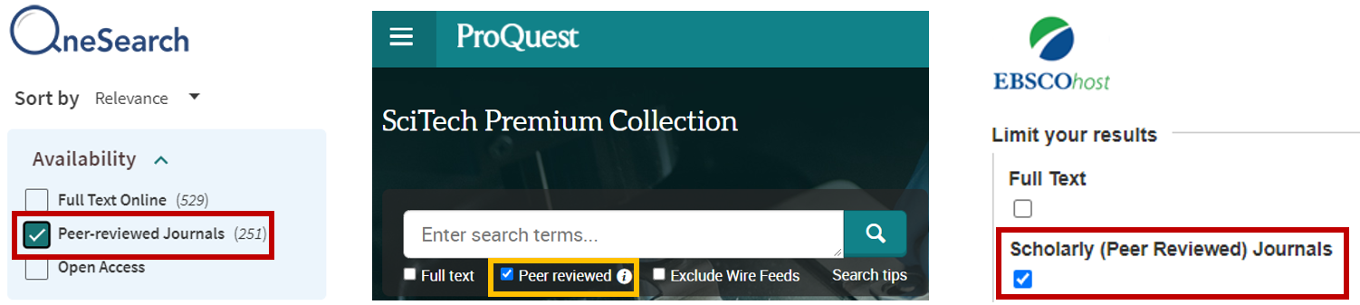 Peer Review option on OneSearch, ProQuest, Ebscohost