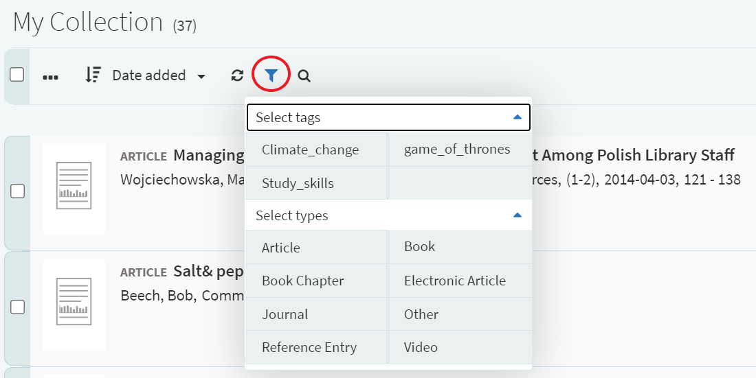 Using the filter function to find readings by tag