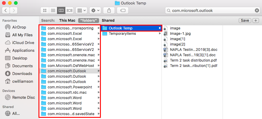 location of temp items for outlook 2016 on a mac