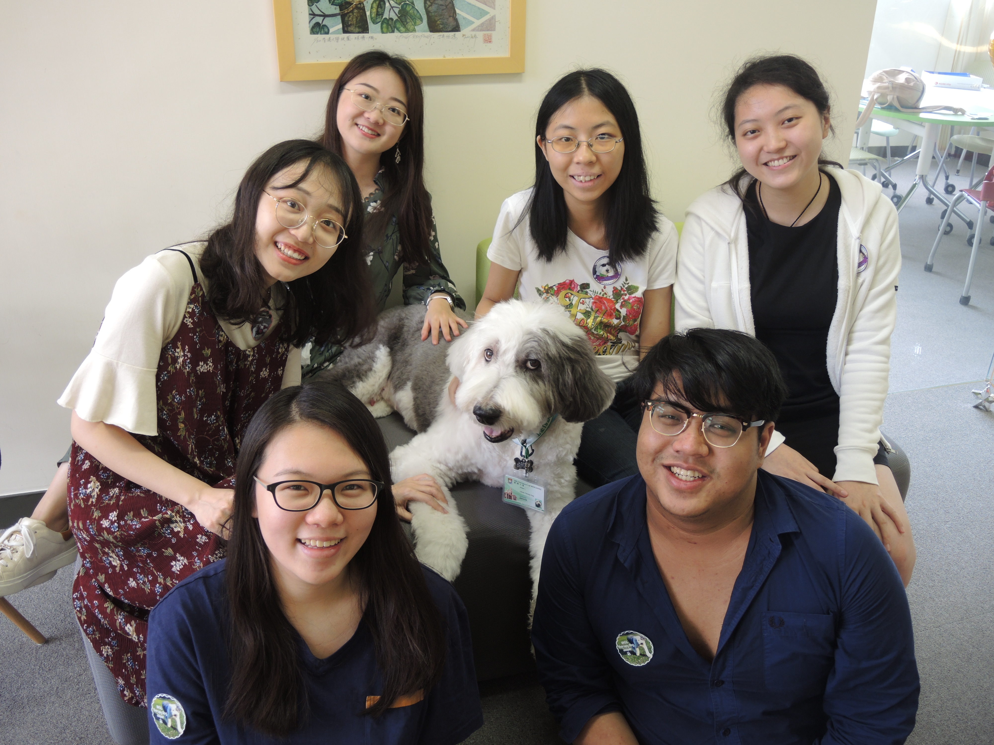 Six people and a dog.