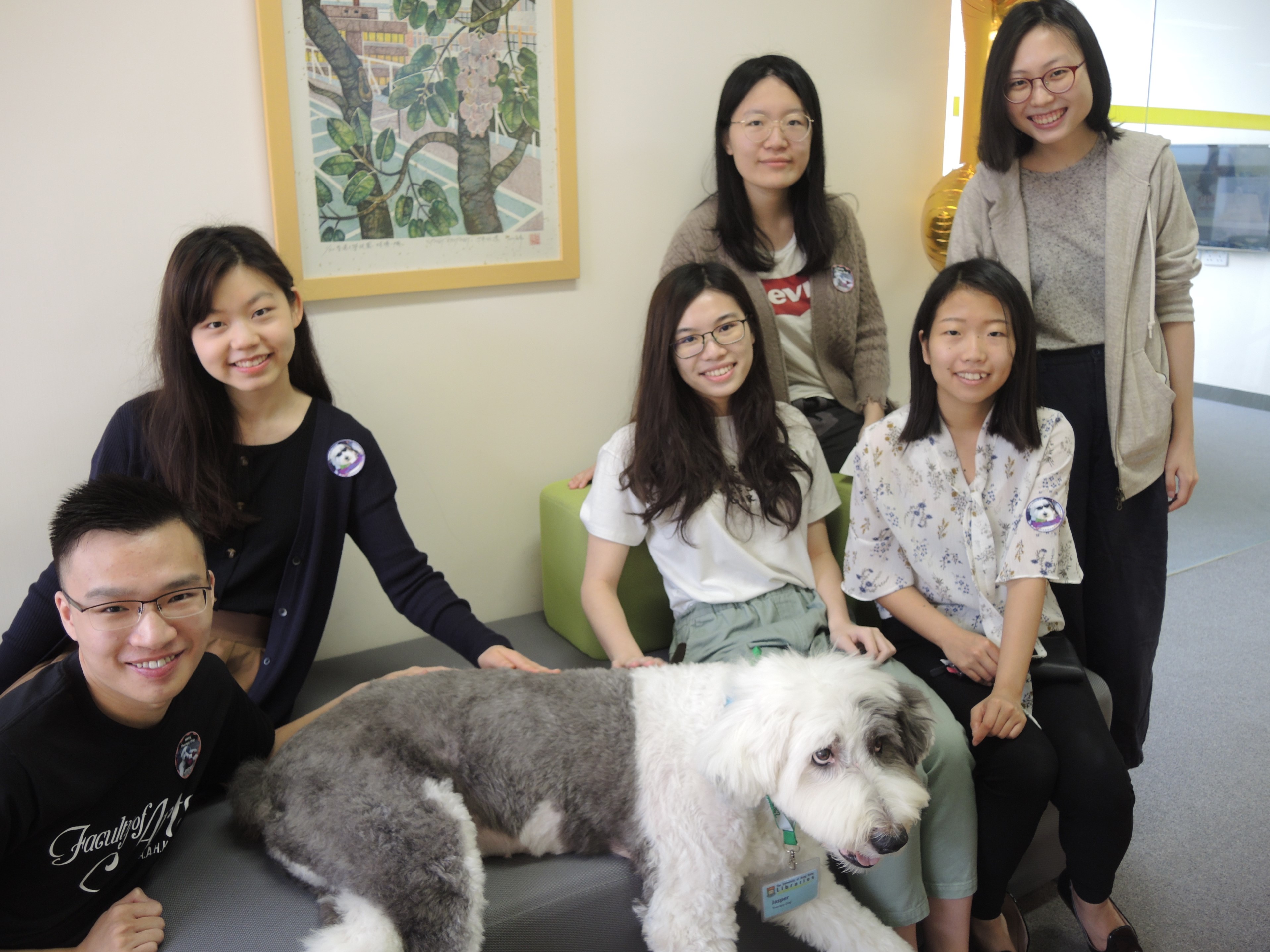 Six people and a dog.