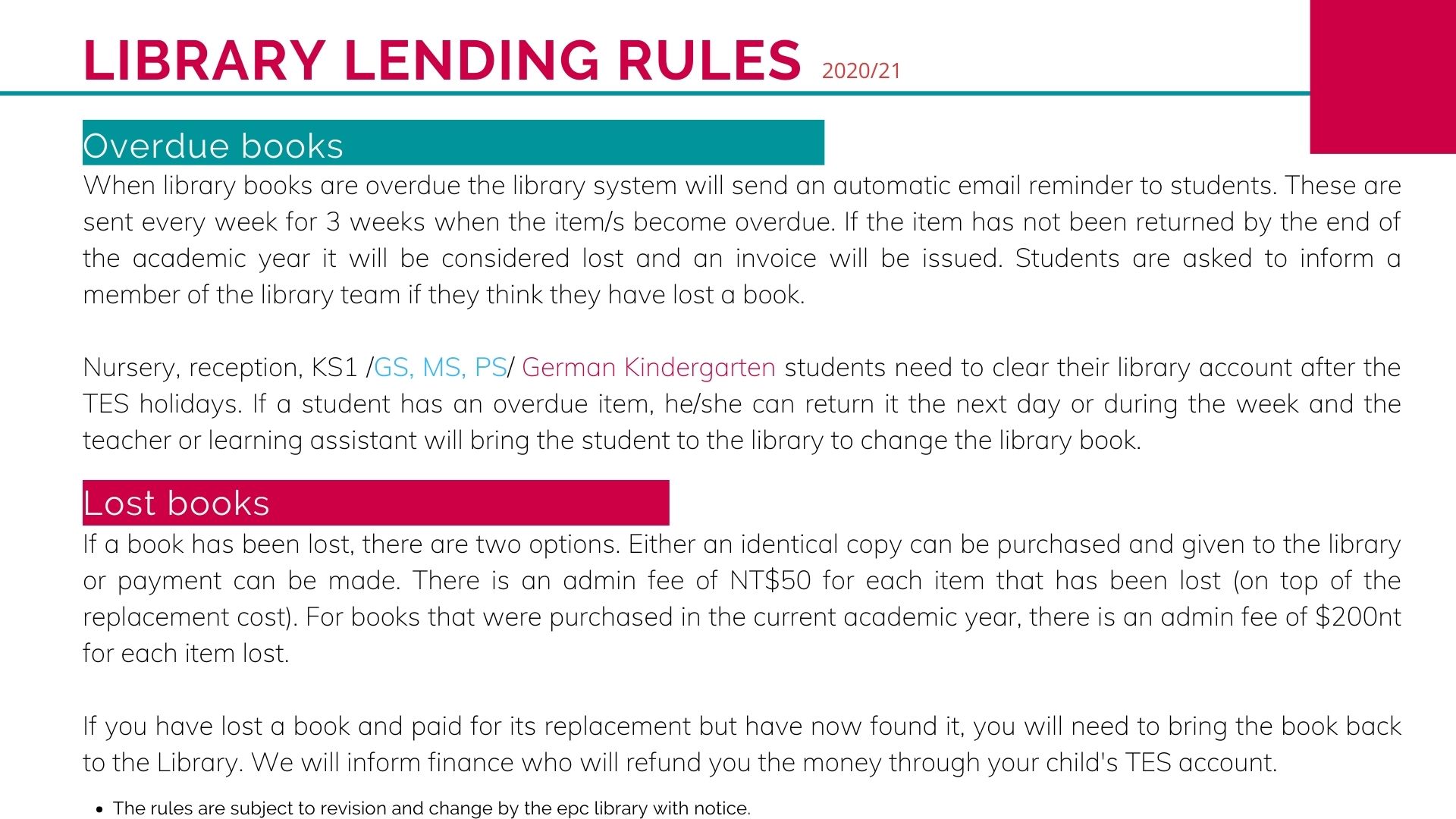 Lending rules British Primary Library LibGuide LibGuides at Taipei