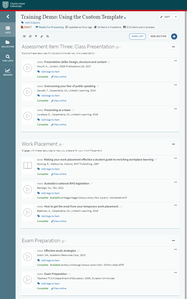 Example Leganto reading list layout - blank template