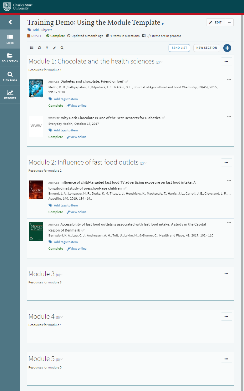 Example Leganto reading list layout - module template