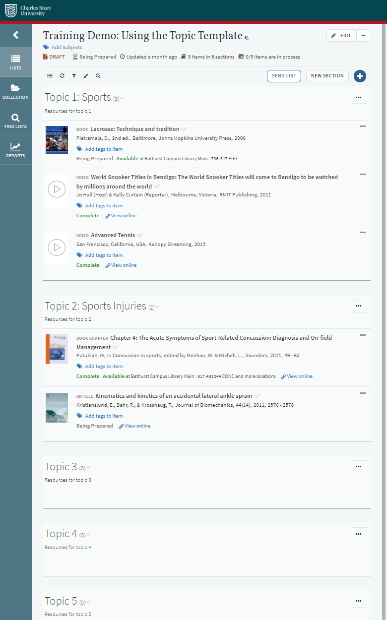 Example Leganto reading list layout - topic template