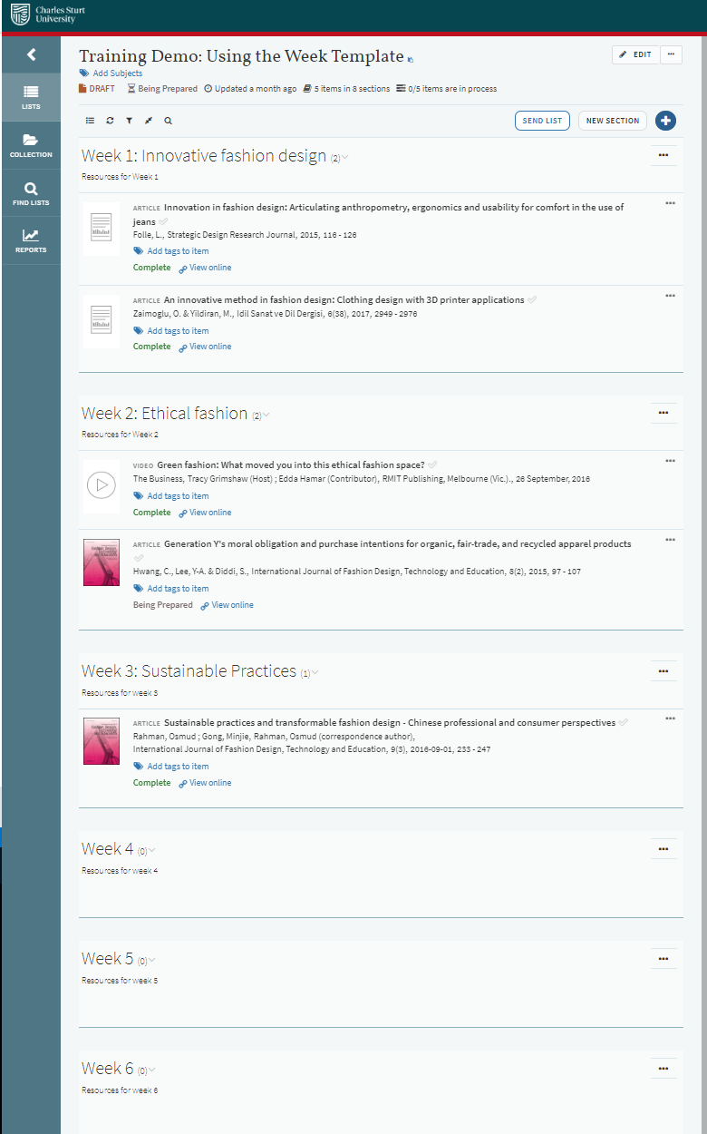 Example Leganto reading list layout - week template