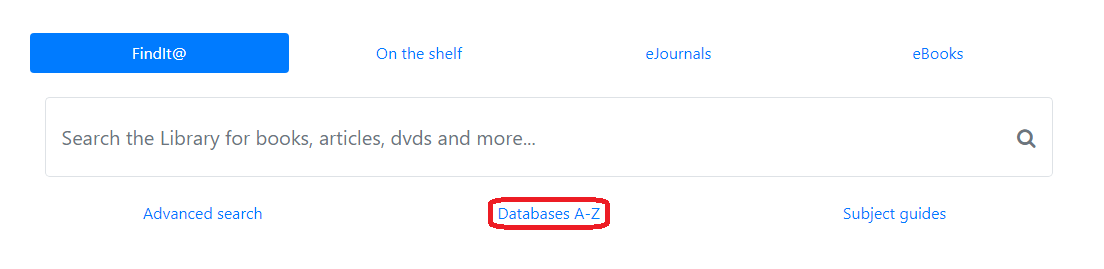 FindIt search tool with Databases A-Z link circled in red.