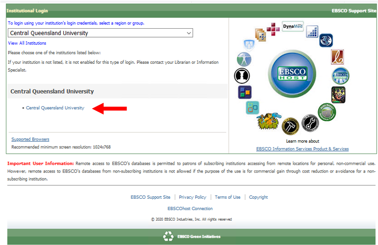 EBSCO Institutional Login page with Central Queensland University selected