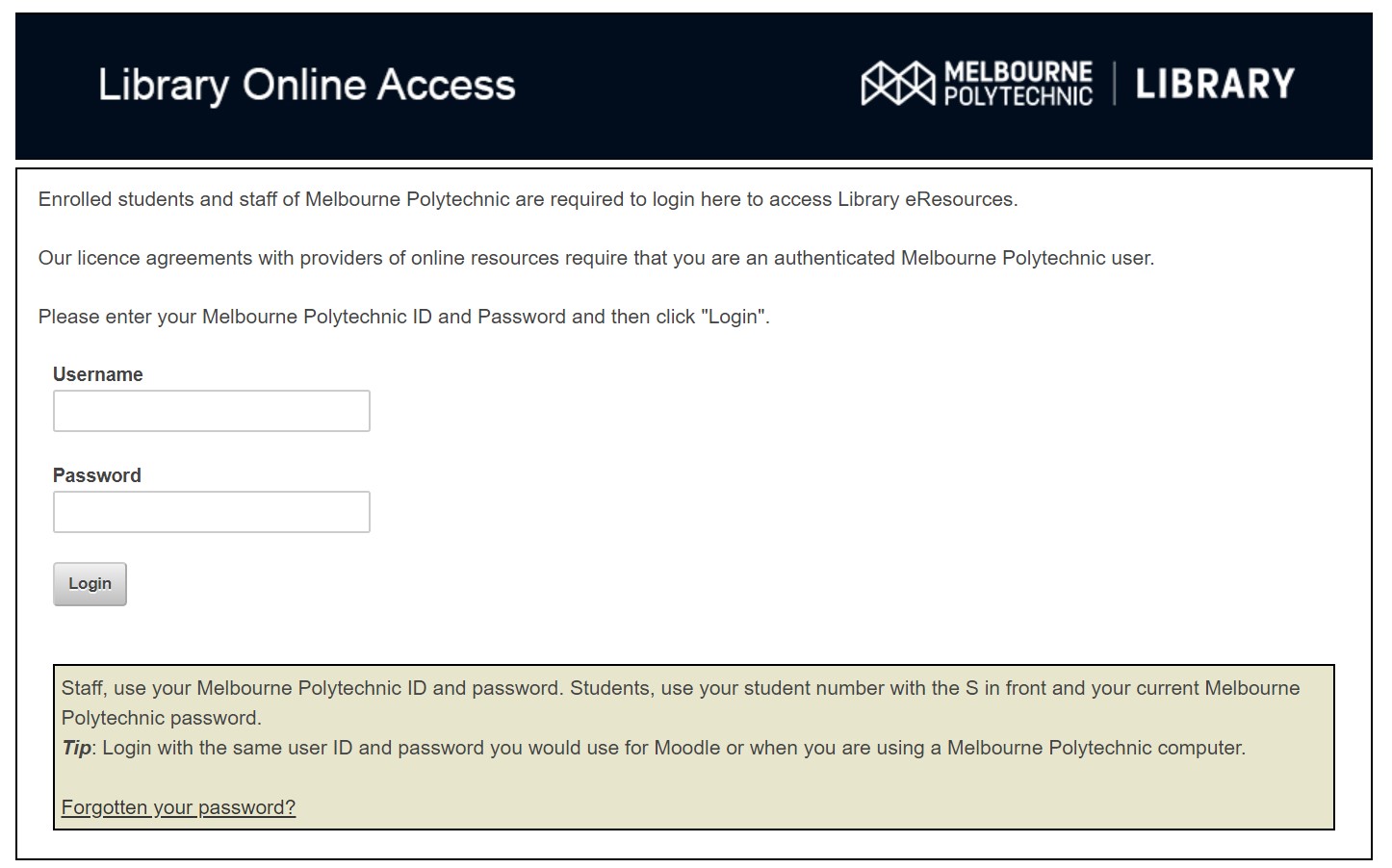 Screenshot of library online access