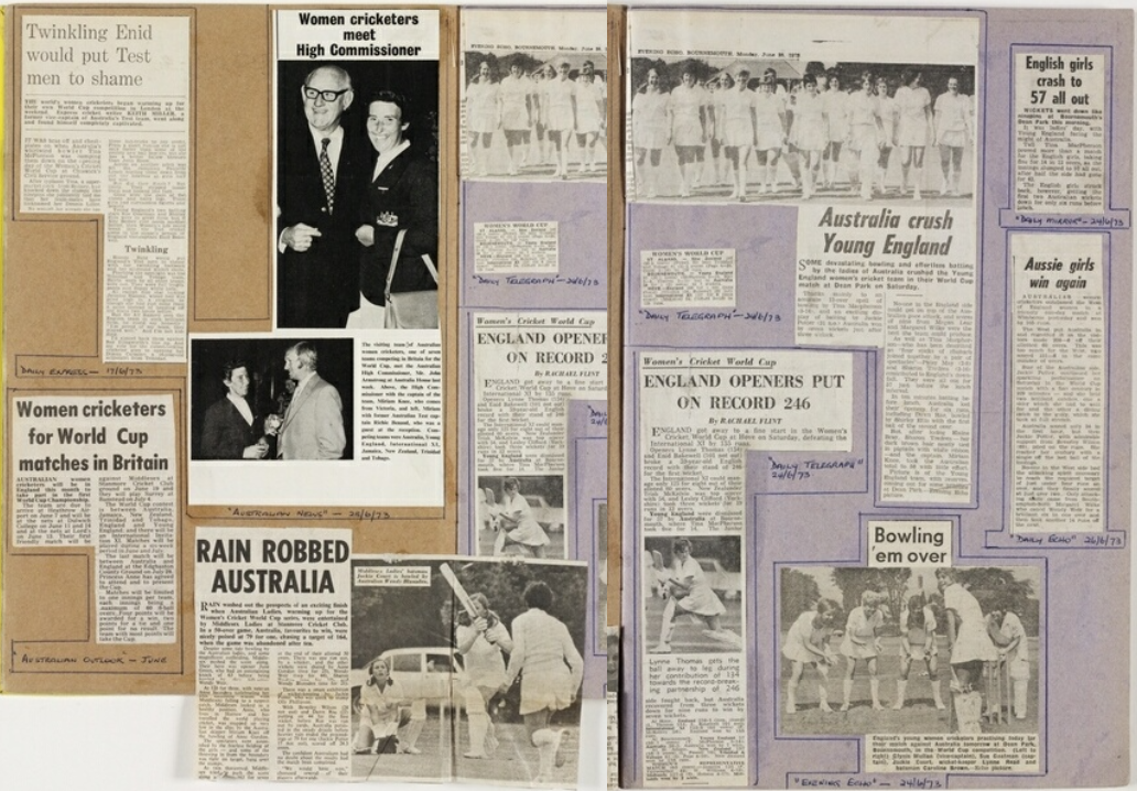 Scrapbook featuring various newspaper cuttings, photographs and advertising material