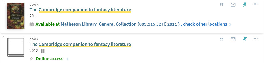 Library Search results showing two brief item records and their availability status