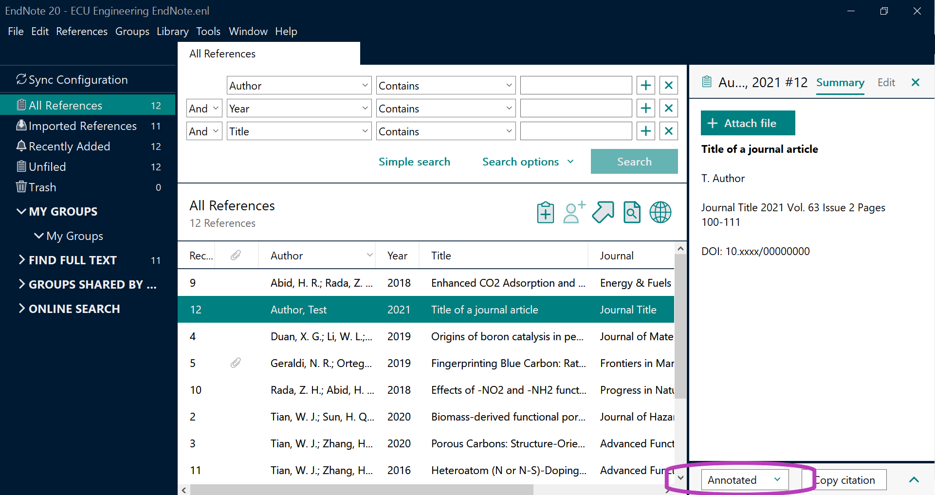 EndNote reference panel with the output style drop-down menu circled