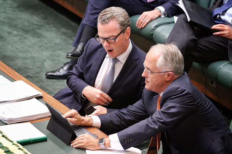 Christopher Pyne, Leader of the House, with Malcolm Turnbull, Prime Minister of Australia, in the Australian House of Representatives