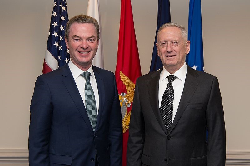 Defense Secretary Jim Mattis stands with Australia’s Minister for Defence Industry Christopher Pyne before an office call at the Pentagon in Washington, D.C.