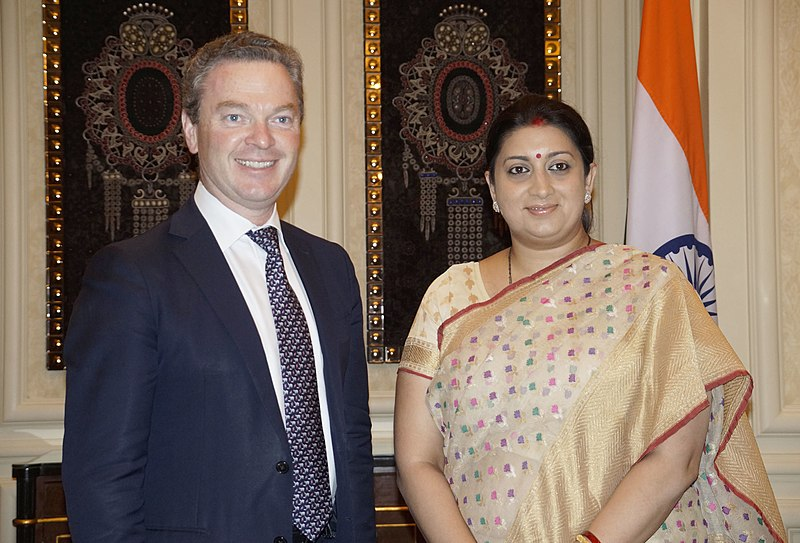 Smt. Smriti Irani at a bilateral talk with Christopher Pyne ahead of the annual meeting of the Australia-India Education Council (AIEC) meeting