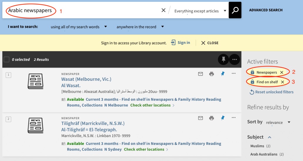 screenshot of catalogue search and results for Arabic newspapers available on the shelf