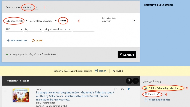 Screenshot of catalogue search and results for children's books in French