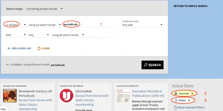 Screenshot of catalogue search and results for journals in Italian