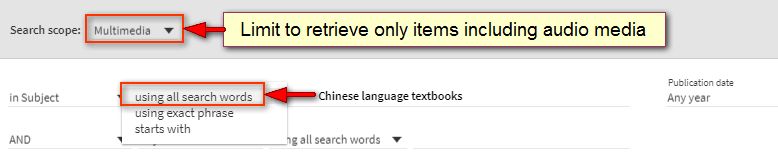 Screenshot of catalogue search for Chinese language textbooks in multimedia formats 