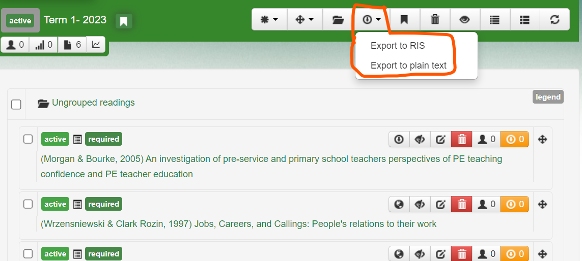 Screen shot showing the export button circled