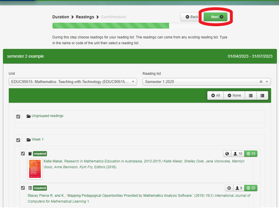 Screenshot showing Next button