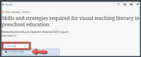 Screenshot of journal article result in Library Search where the only option under Access Now is Find Full Text