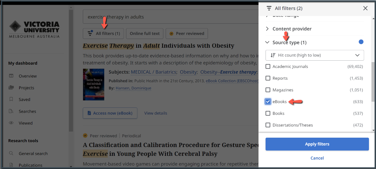 The image is the results page. Arrows point at All Filters and the Source Type option with ebooks chosen.