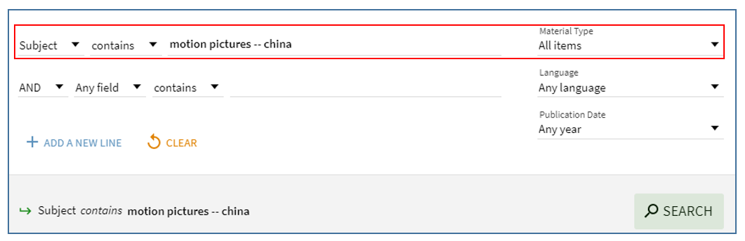 Screenshot of Library Search Advanced Search by subject; search terms are " motion pictures -- china".