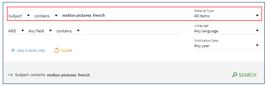 Screenshot of Library Search Advanced Searchby Subject; search terms are "motion pictures french".