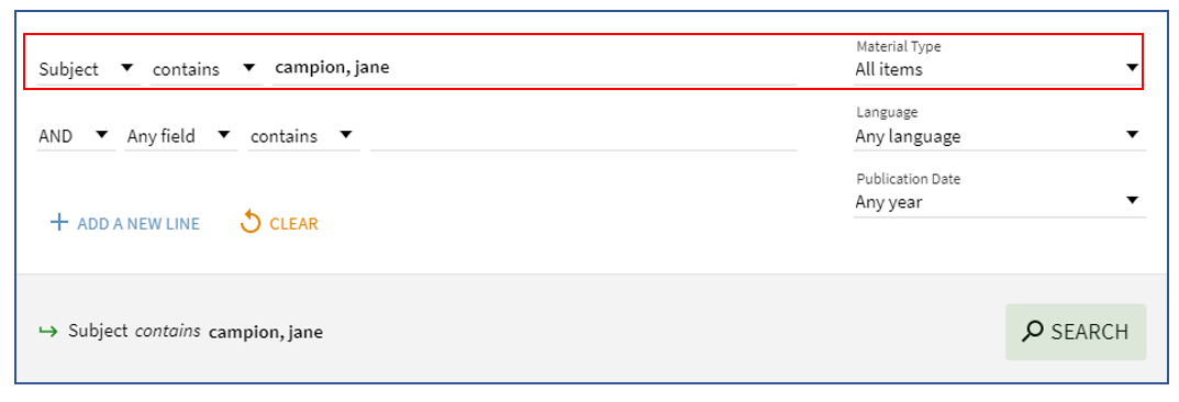 Screenshot of Library Search Advanced Search by Subject; search terms are "campion, jane".