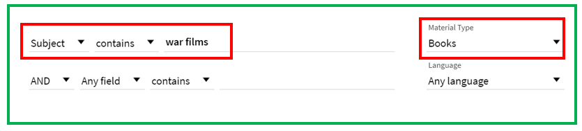 Screenshot of Library Search Advanced Search by Subject, limited to books as Material Type; search terms "war films".