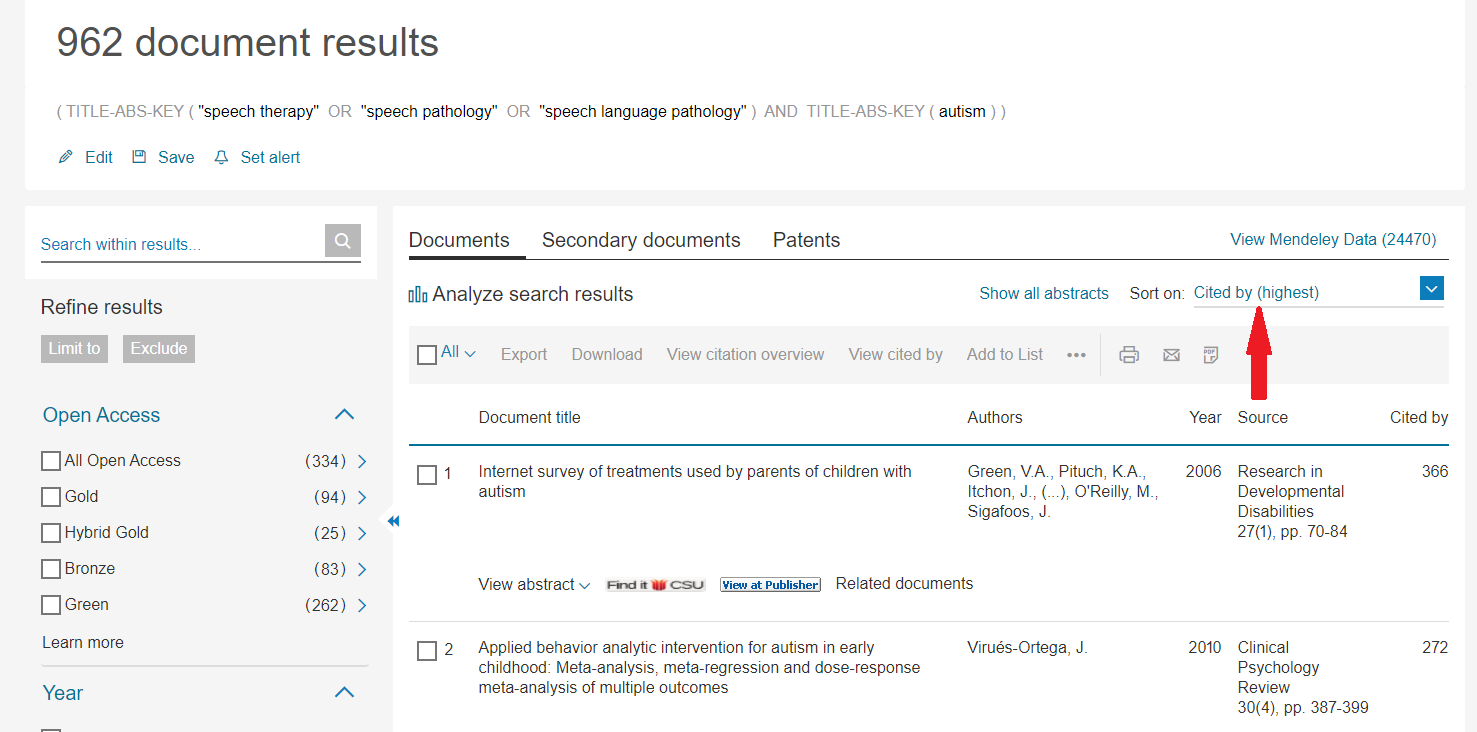 In Scopus you can sort the results list sorted by number of citing articles