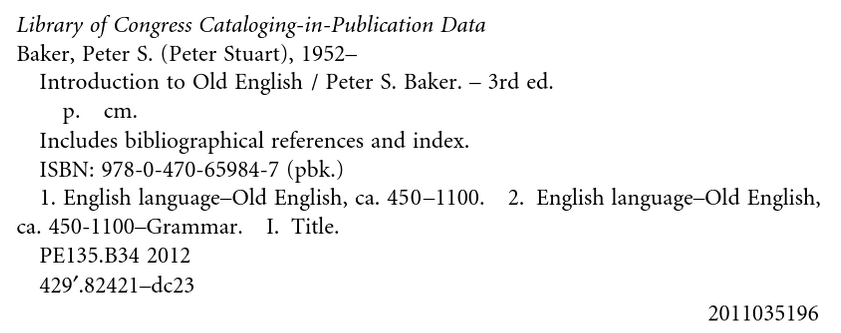 This image shows the Library of Congress Cataloging-in-publication data for a book. The LOC number is towards the bottom of the image.