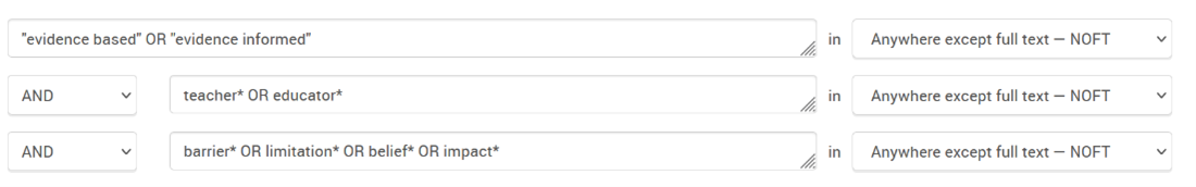 Education Collection database search for "evidence based" OR "evidence informed" AND teacher* OR educator* AND barrier* OR limitation* OR impact*