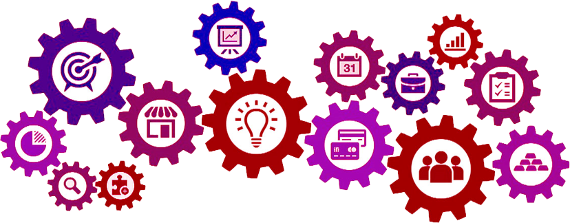 Images shows a number of different sized gear cogs working together. Inside the cogs are images of different ideas that might contribute to research