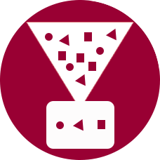 Icon White on red.basic shapes in funnel showing deduplication action