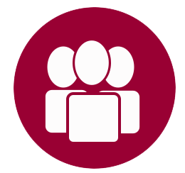 group icon white on red background, 3 figures,circles and squares