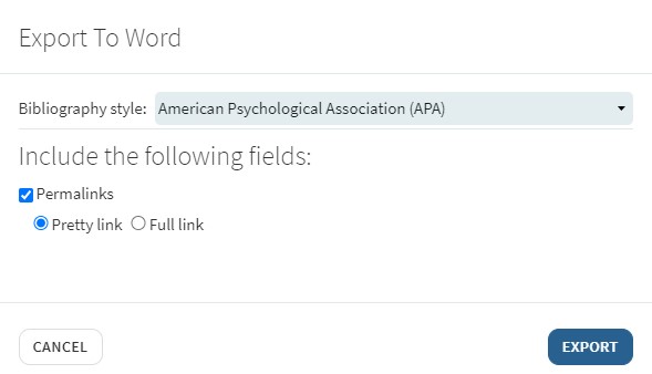example showing the APA style selected from the available options in the export to word window