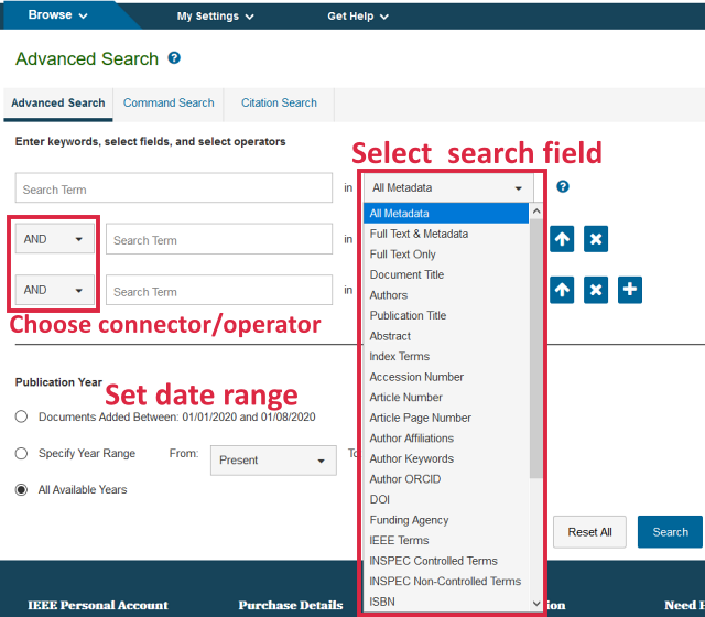 IEEE xplore advanced search interface