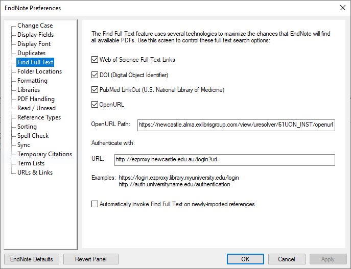 EndNote Find Full Text setup screenshot