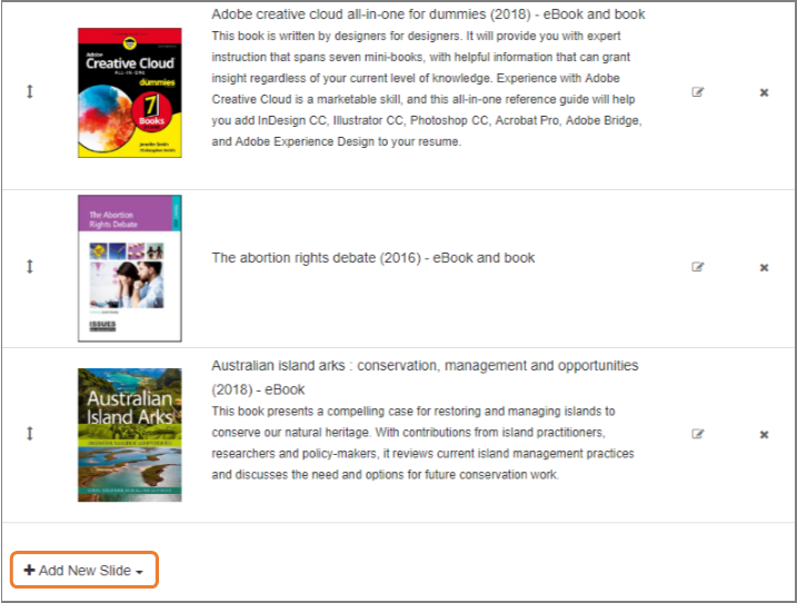 Screenshot of the feature for adding books. The button "Add New Slide" is circled.