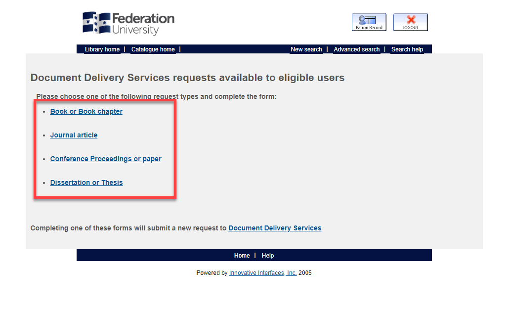 screenshot of Document Delivery request page showing list of resource type links