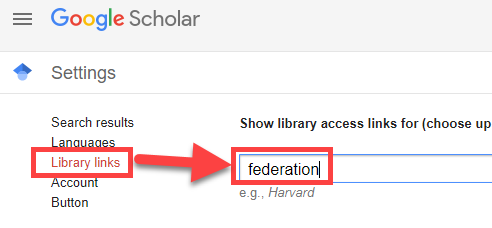 screenshot indicating Library links option and search box (with federation already typed in)