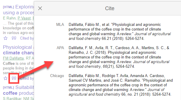 screenshots from Google Scholar, indicating citation icon and showing the pop-up window