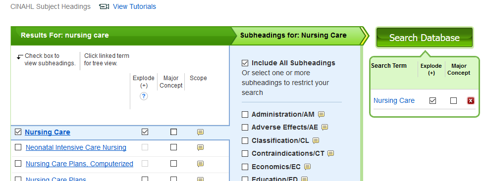 Cinahl subject headings list with Nursing Care and Explode ticked