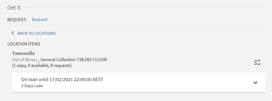 Screenshot of checked-out item showing location of 3 Day Loan status