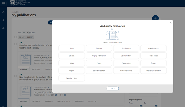 Pop-up window with buttons to select publication type e.g. Book, Chapter, Conference. Buttons are in alphabetical order left to right.