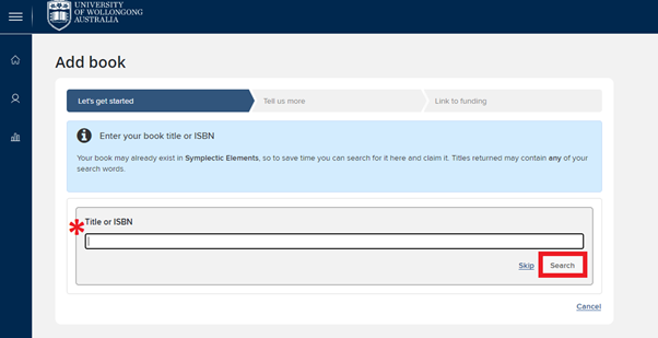 Add book screen showing 3 step process: Let's get started > Tell us more > Link to funding. Let's get started tab is open.
